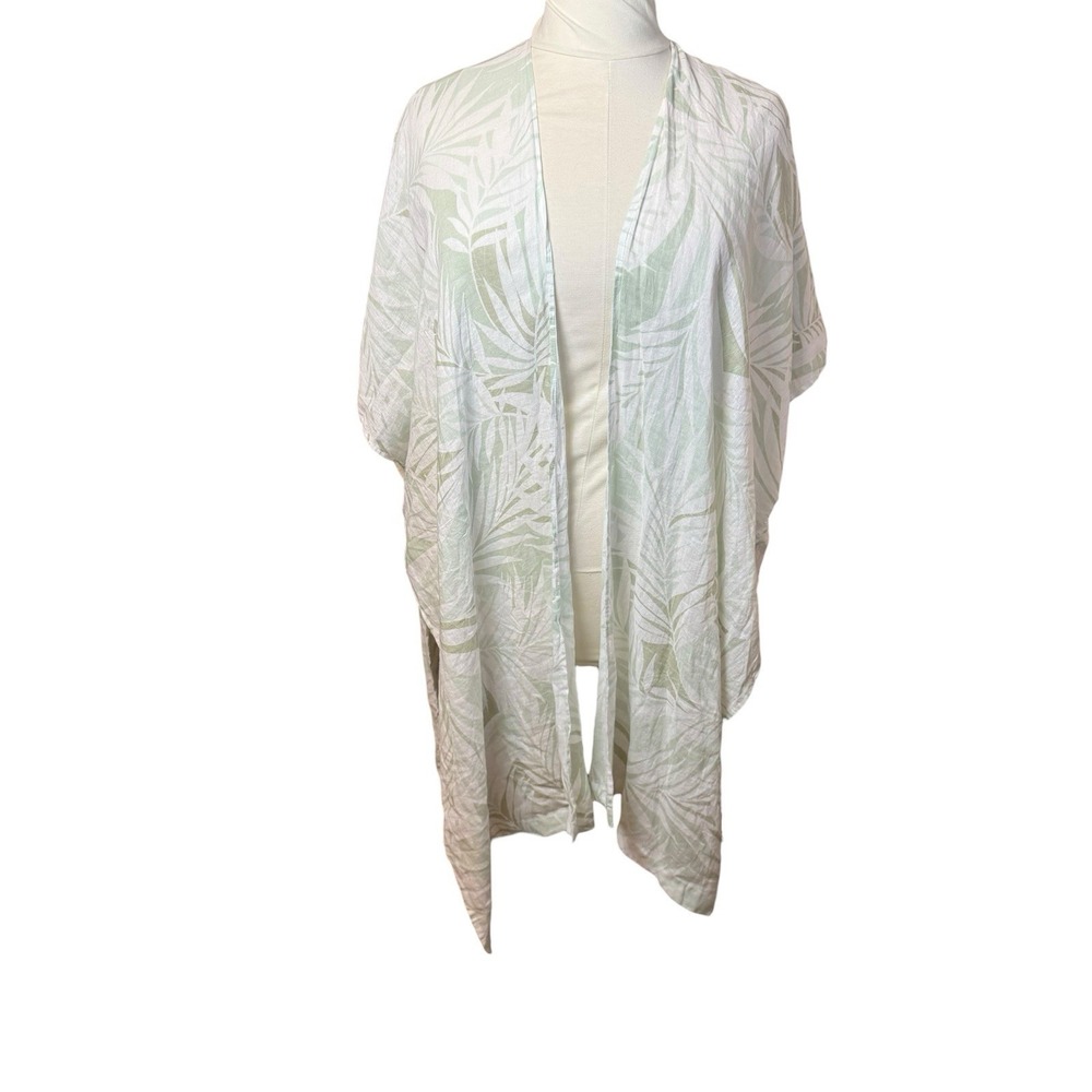 Cynthia Rowley Linen Blend Green White Tropical Leaf Kimono Swim Coverup 1 Size